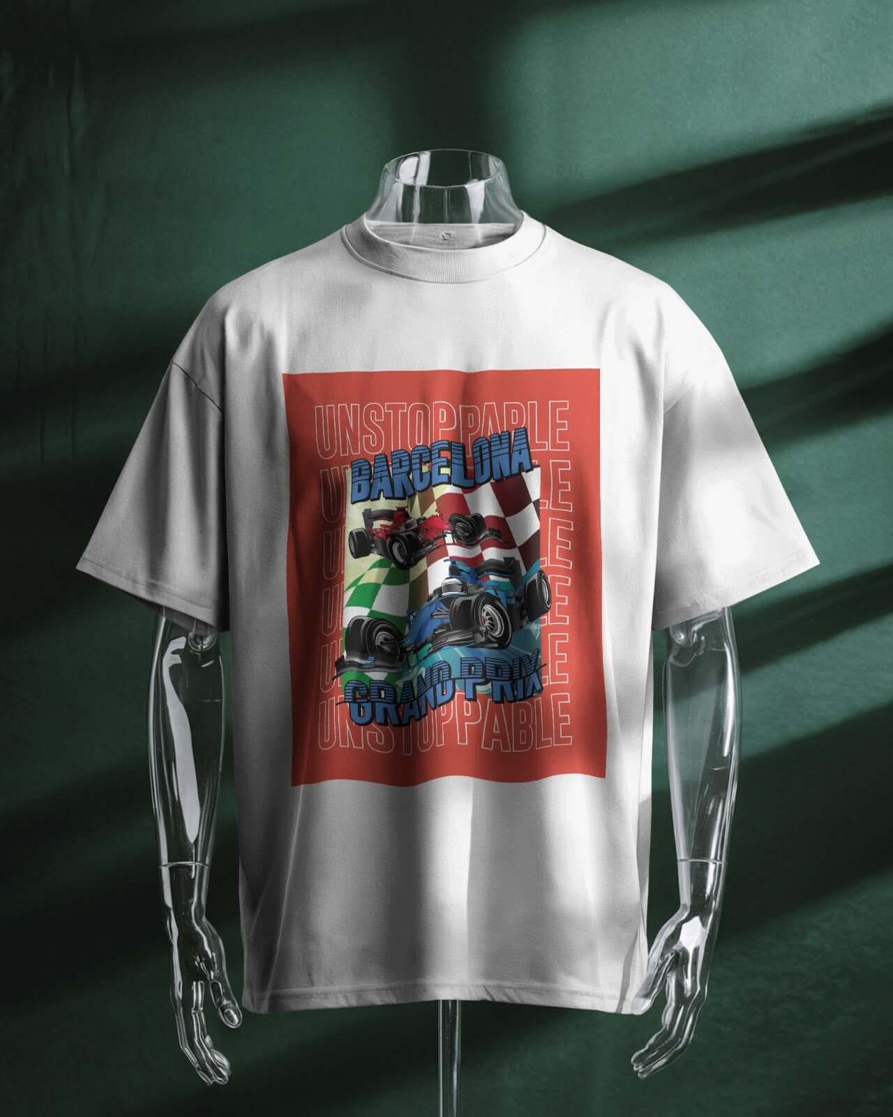 "F1 car graphic drop shoulder T-shirt with bold racing design and relaxed fit"