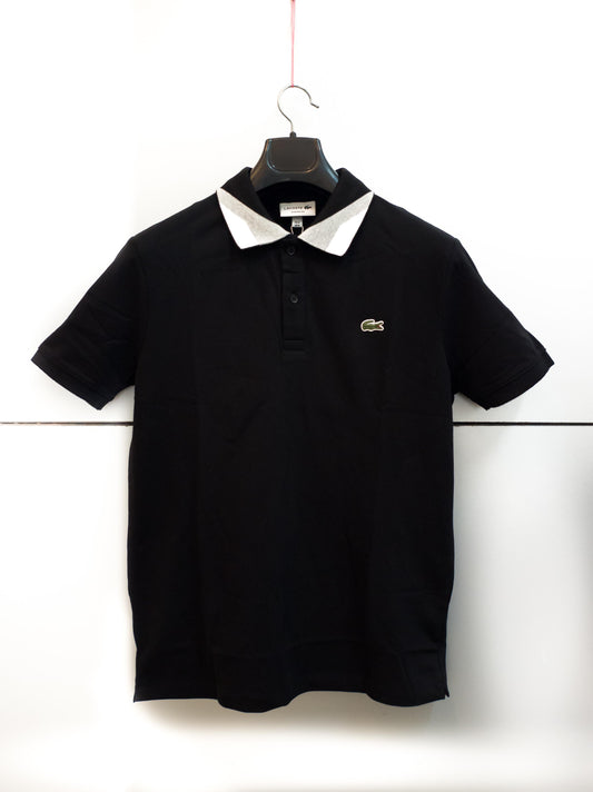 "Black Lacoste men's classic fit polo T-shirt with crocodile logo." "Lacoste men's classic fit green polo T-shirt with crocodile logo."  "Women's slim-fit white Lacoste polo T-shirt with embroidered logo."
