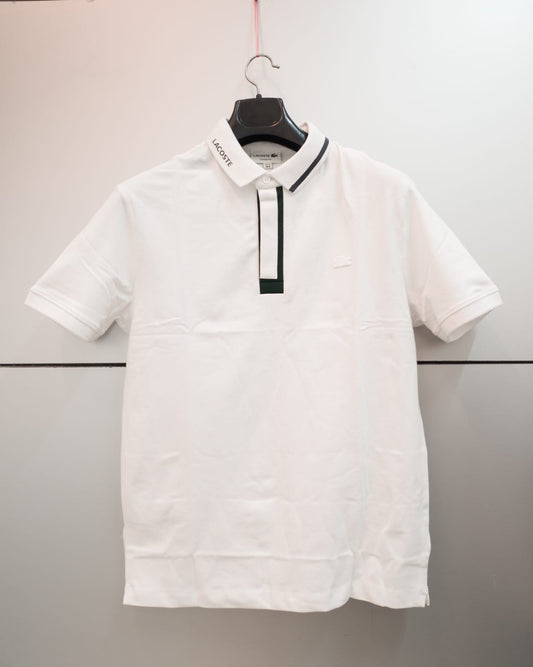 "Lacoste white polo T-shirt with iconic crocodile logo and classic design" 